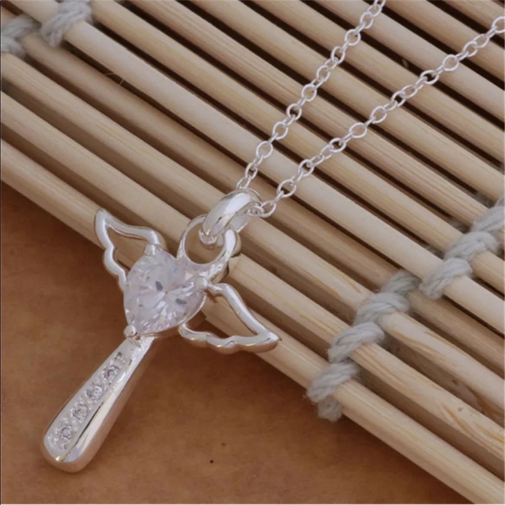 Sterling Silver Crystal Cross Angel Wings Necklace NEW - Picture 4 of 9